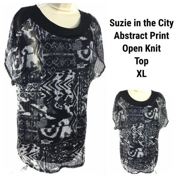 Abstract Print Top Blouse Open Knit Mesh Lined Black White XL Suzie in the City - Picture 1 of 9